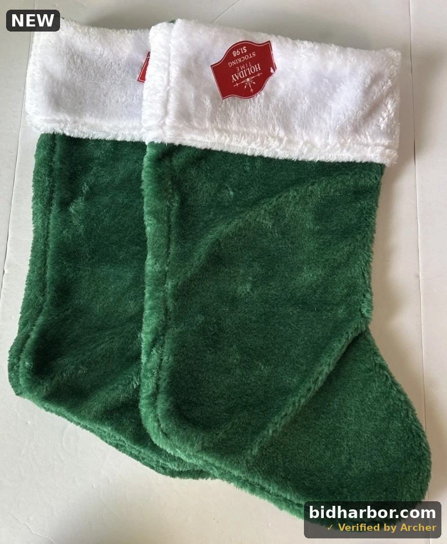 LOT of 2 Holiday Time Green Plush Christmas Hanging Stockings Faux Fur NEW