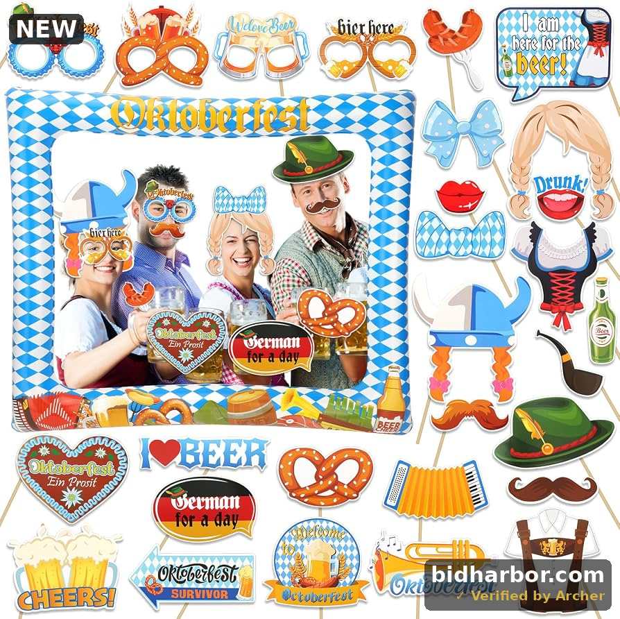30 Pcs The Munich Oktoberfest Photo Booth Props Kit German Oktoberfest Selfie Props October Festival Party Decorations Bavarian Beer Festival Sausage Gold Dress Leather Pants Theme Backdrop Decoration
