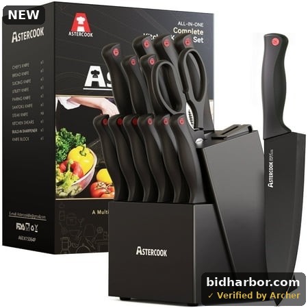 Astercook Kitchen Knife Set 14 Pcs Knives Block Set with Built-in Sharpener Healthy Anti-Rust Coating & German Stainless Steel Knife Set Dishwasher