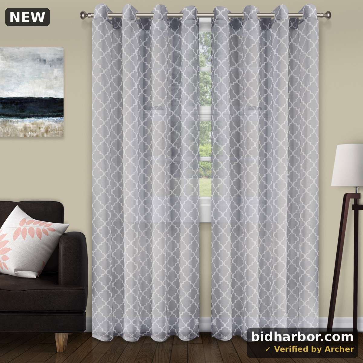 Superior Lightweight Trellis Sheer Curtains Set of 2  Grommet Header Curtain Pannel  Grey  52 W X 63 L